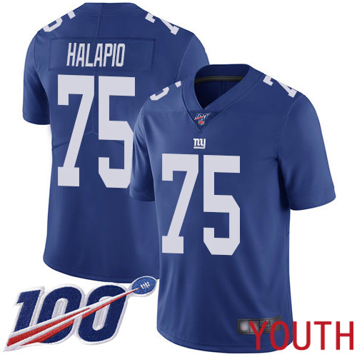 Youth New York Giants #75 Jon Halapio Royal Blue Team Color Vapor Untouchable Limited Player 100th Season Football NFL Jersey